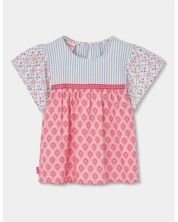 Bluza cu aplicatii si maneci fluture, Alb/Coral/Albastru prafuit