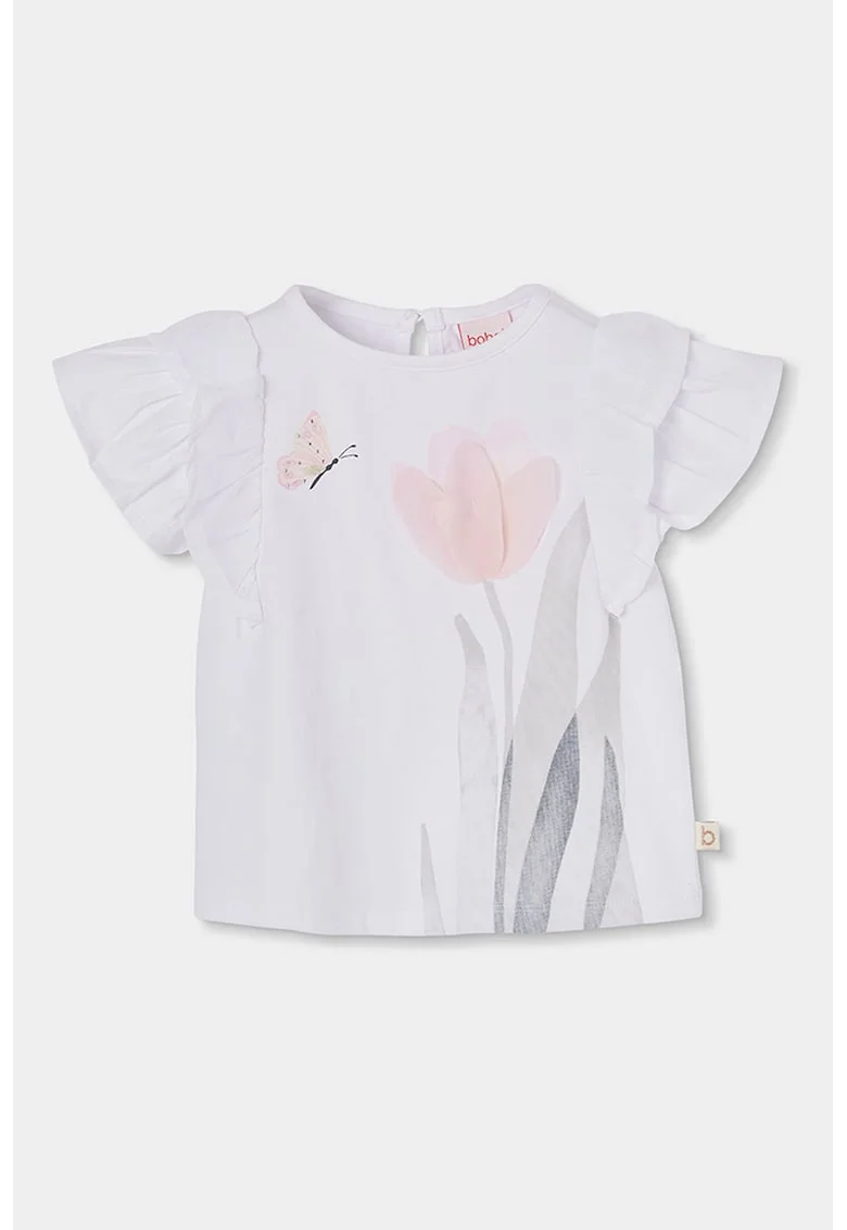 Tricou cu model floral si maneci cu volane, Gri/Alb murdar/Roz pal