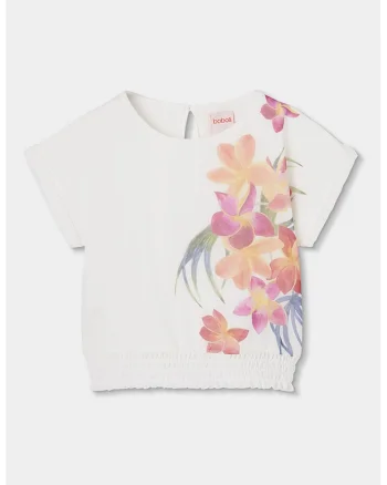 Tricou cu decolteu rotund si model floral, Verde/Violet/Alb murdar