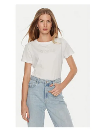 Tricou cu logo si decolteu rotund, Alb