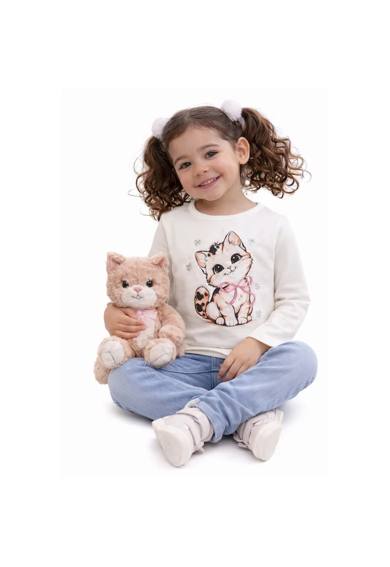 Tricou maxi pentru fetite iDO din bumbac cu imprimeu pisicuta si aplicatii stralucitoare Alb nature