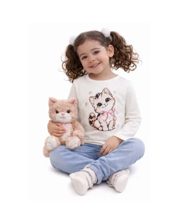 Tricou maxi pentru fetite iDO din bumbac cu imprimeu pisicuta si aplicatii stralucitoare Alb nature