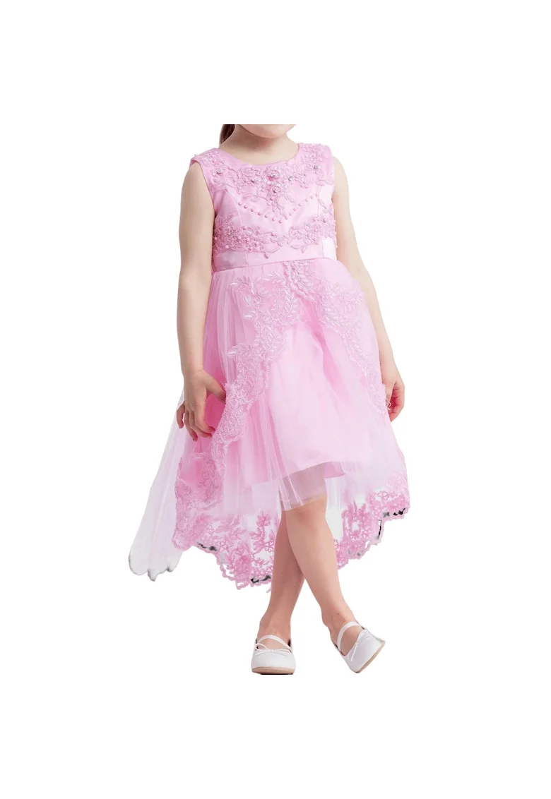 Rochie Elegantă pentru Fetițe Fabienne, Roz, cu Broderii Delicate și Tul Asimetric, Ideală pentru Evenimente Speciale