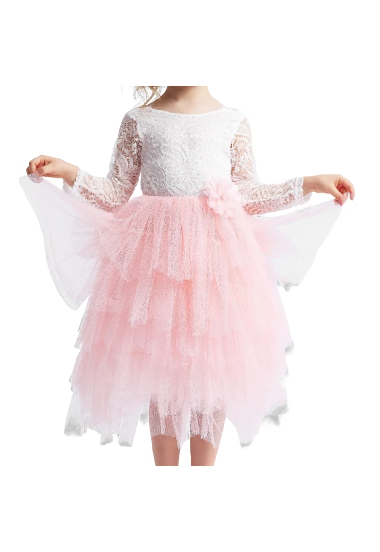 Rochie Eleganta Fetita Angel Long cu Dantela Alba si Tul Roz – Perfecta pentru Ocazii Speciale