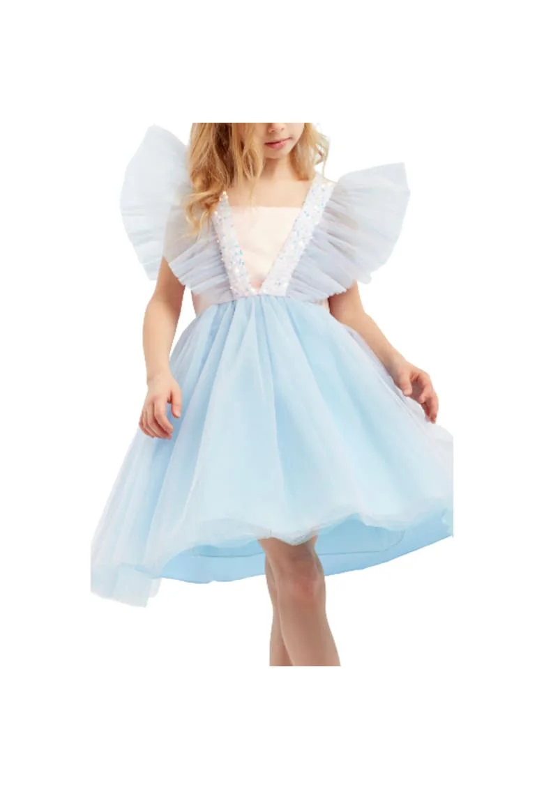 Rochie elegantă de ocazie pentru fetițe Zoe – Albastru și Roz, cu Tul și Paiete, Ideală pentru Evenimente Speciale și Aniversări