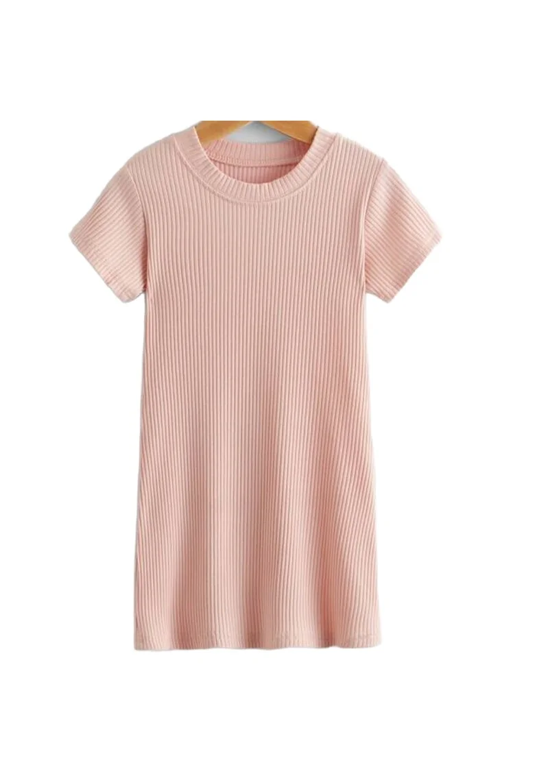 Rochie Fetițe Eve Pink din Bumbac Moale cu Textură în Dungi, Roz Pudră
