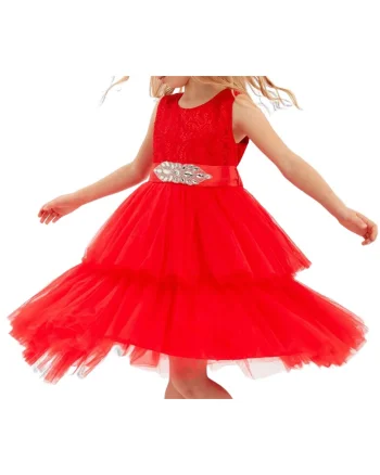 Rochie elegantă pentru fetițe Chantal, roșie, fără mâneci, cu talie decorativă și poală asimetrică din tul, ideală pentru ocazii speciale
