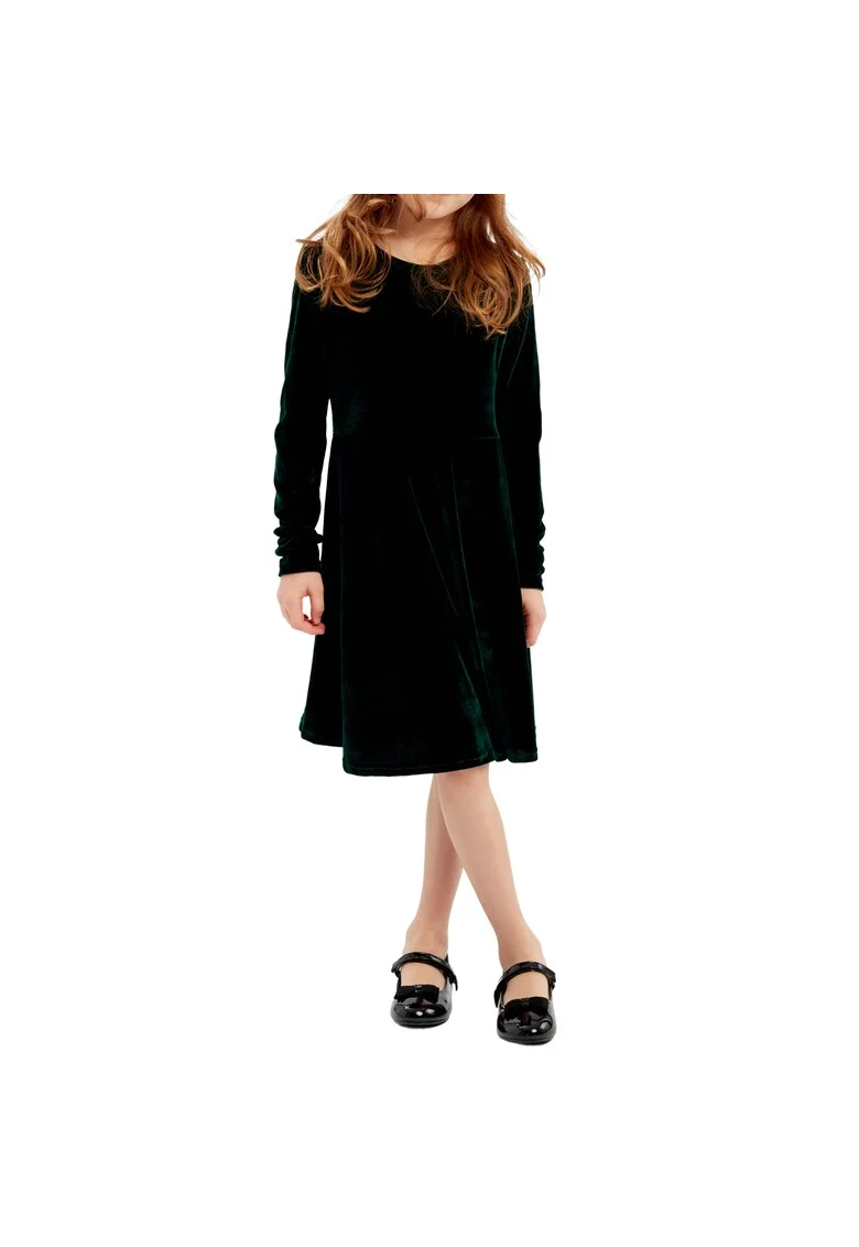 Rochie cu croială cloș, lejeră și elegantă, cu mâneci lungi și decolteu rotund
