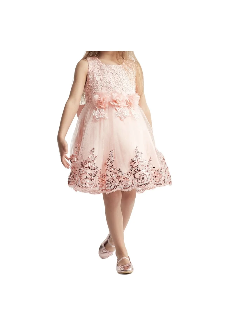 Rochie Eleganta Fetițe Amy, Nuanță Caise, Dantelă, Tul și Paiete, Ideală pentru Nuntă, Botez și Petreceri