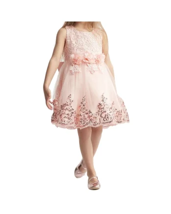 Rochie Eleganta Fetițe Amy, Nuanță Caise, Dantelă, Tul și Paiete, Ideală pentru Nuntă, Botez și Petreceri