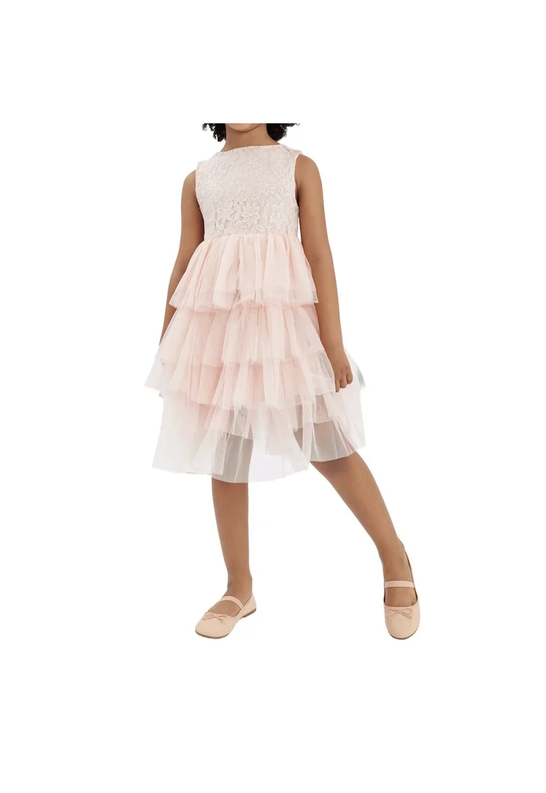 Rochie Eleganta Fetiță Cornelia, Roz Pudrat, Cu Dantelă Delicată și Volane din Tul, Ideală pentru Ocazii Speciale, Roz