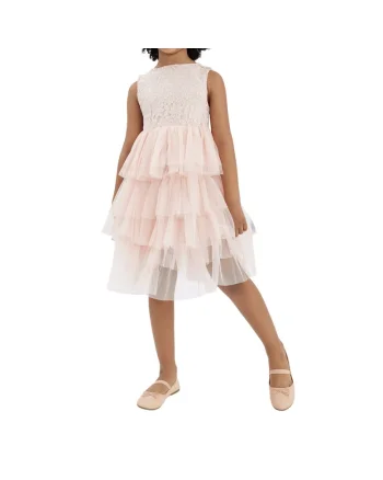 Rochie Eleganta Fetiță Cornelia, Roz Pudrat, Cu Dantelă Delicată și Volane din Tul, Ideală pentru Ocazii Speciale, Roz