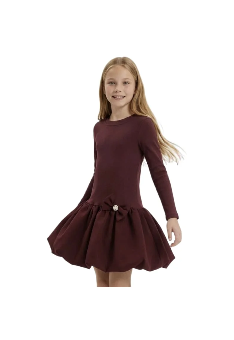 Rochie pentru fata MaLuna Aria, mini, maneca lunga, croi mulat cu fusta tip balon, bordo, Bordeaux