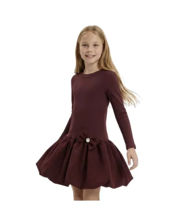 Rochie pentru fata MaLuna Aria, mini, maneca lunga, croi mulat cu fusta tip balon, bordo, Bordeaux