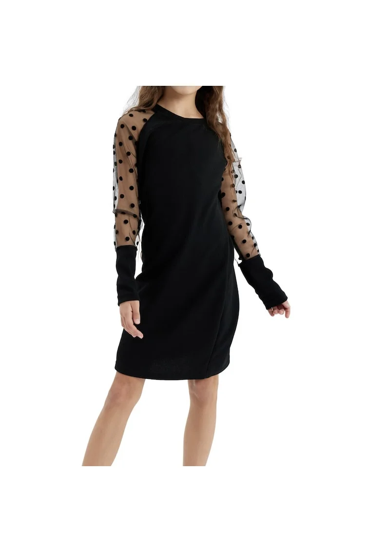 Rochie elegantă pentru fete Stella, neagră, cu mâneci decorate cu buline, ideală pentru ocazii speciale