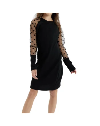 Rochie elegantă pentru fete Stella, neagră, cu mâneci decorate cu buline, ideală pentru ocazii speciale