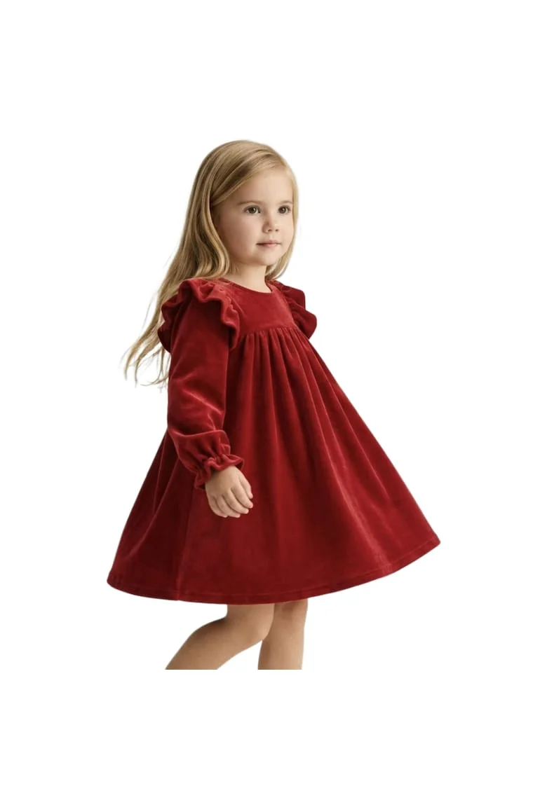Rochie eleganta fete  Idalia Catifea Rosu Volane Ocazie, Rosu