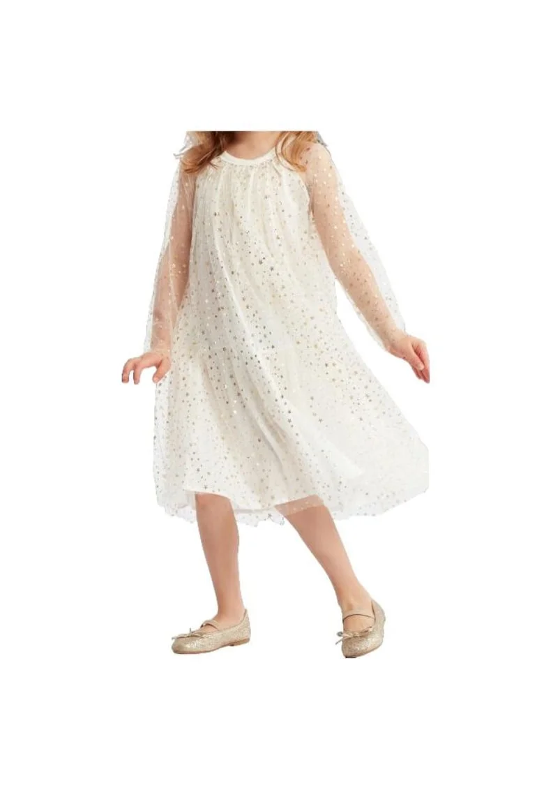 Rochie Tiul Alisa Albă cu Stele Aurii - Eleganță și Confort pentru Fetițe la Evenimente Speciale, Alb/Auriu