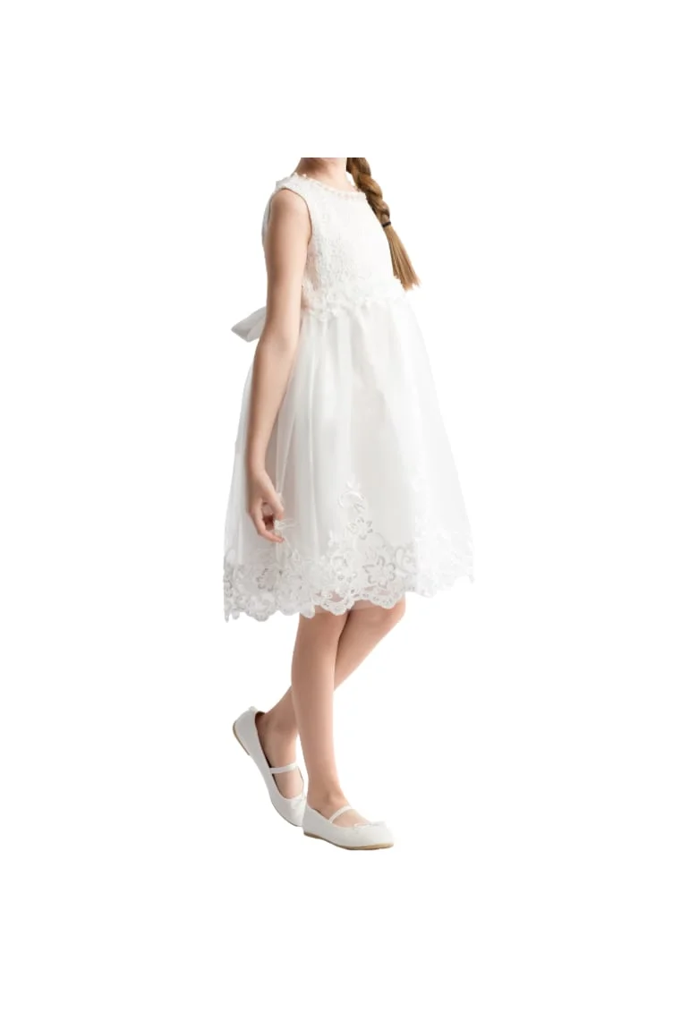 Rochiță elegantă de ocazie pentru fetițe, model Claire, albă, cu dantelă, tul și detalii florale, Alb