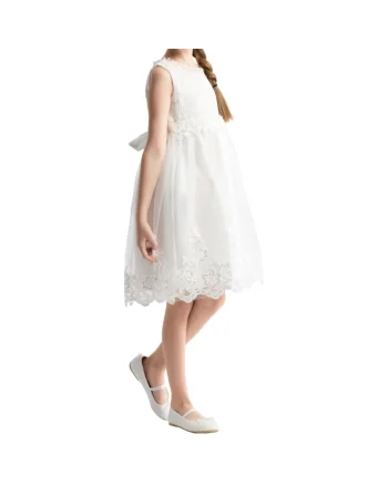 Rochiță elegantă de ocazie pentru fetițe, model Claire, albă, cu dantelă, tul și detalii florale, Alb