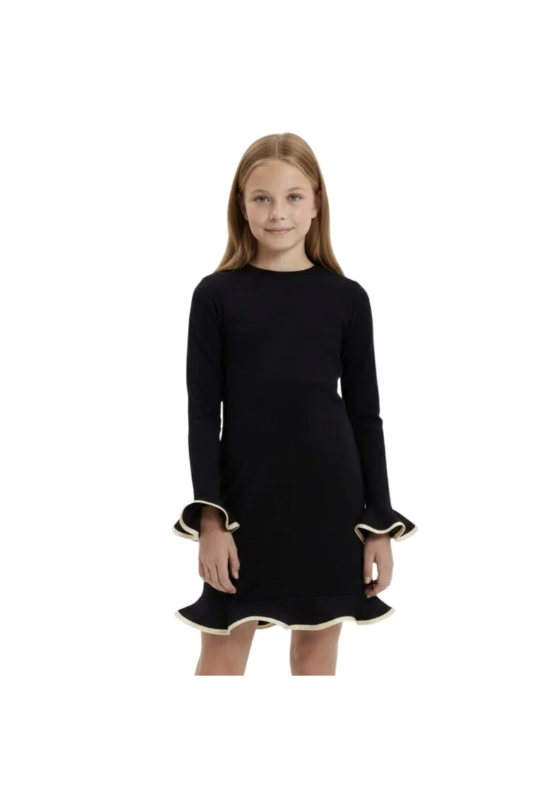 Rochie eleganta fetite  Liza, neagra, croiala mulata, volane cu bordura aurie, maneca lunga, Negru
