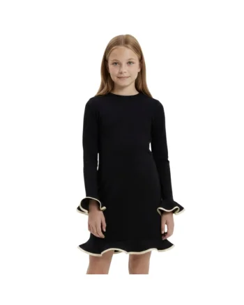 Rochie eleganta fetite  Liza, neagra, croiala mulata, volane cu bordura aurie, maneca lunga, Negru