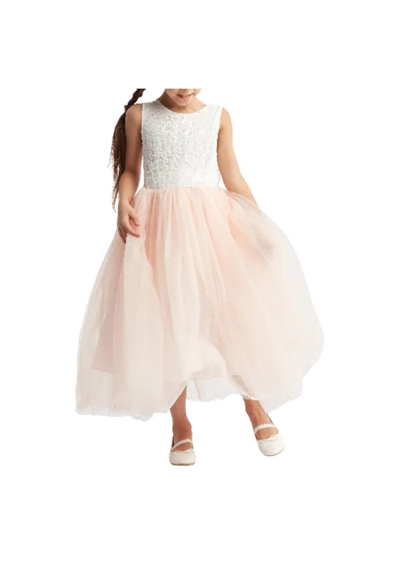 Rochie elegantă din tul și dantelă Liv pentru fete - Perfectă pentru nunți, botezuri, baluri și aniversări, Roz