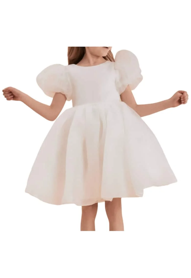 Rochie de Ocazie Fetițe Sara, Alb Cremos, Elegantă cu Mâneci Bufante și Decupaj la Spate, Alb
