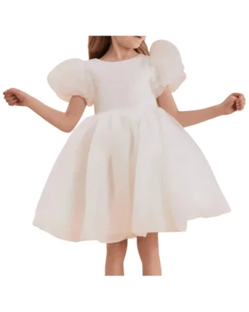 Rochie de Ocazie Fetițe Sara, Alb Cremos, Elegantă cu Mâneci Bufante și Decupaj la Spate, Alb