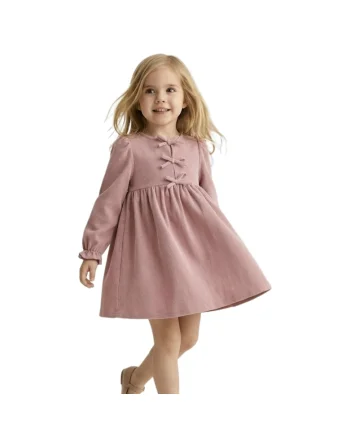 Rochie pentru fetite  Marlene, material reiat (rib), cu fundite, Roz