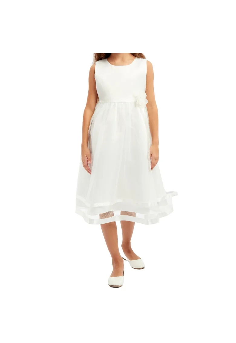 Rochie eleganta pentru fete Blanche, alba, cu floare detasabila si bordura fina din tul – perfecta pentru ocazii speciale, Alb