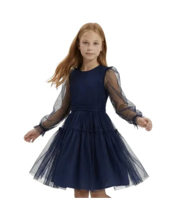 Rochie eleganta fetite  Holly, tul si maneci transparente, bleumarin, Bleumarin