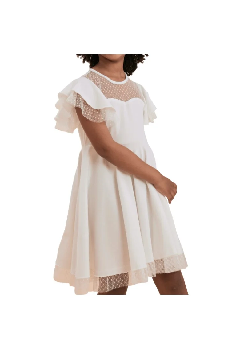 Rochie Eleganta Fetiță Camila, Alb Crem, Design Unic cu Detalii din Tul și Buline – Ideală pentru Ocazii Speciale, Alb