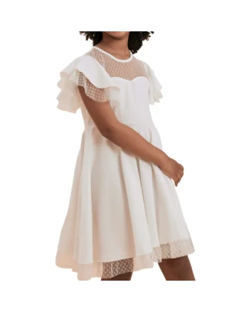 Rochie Eleganta Fetiță Camila, Alb Crem, Design Unic cu Detalii din Tul și Buline – Ideală pentru Ocazii Speciale, Alb