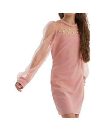 Rochie Fetiță Elegantă Swing Roz cu Mâneci Transparente și Perle – Ideală pentru Ocazii Speciale și Sărbători, Roz