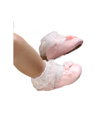 Pantofiori eleganți pentru bebeluși, roz, cu fundiță – Confortabili și siguri