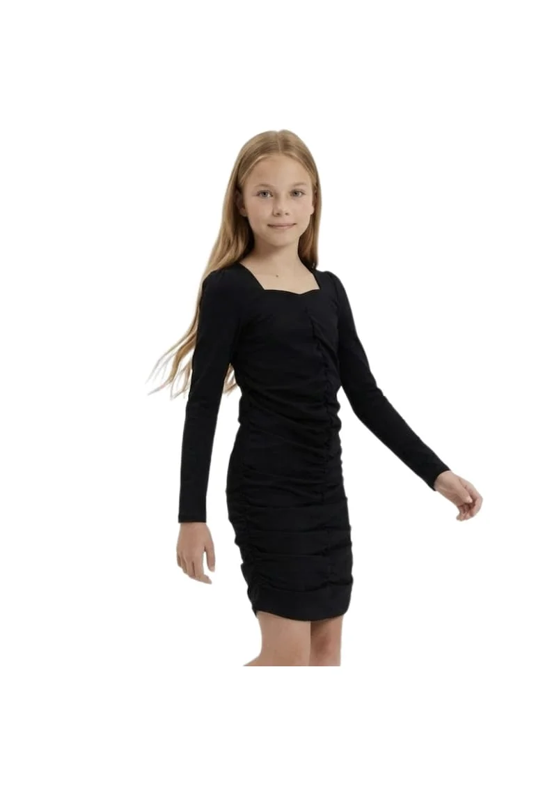 Rochie pentru fetite  Madison mulata cu maneci lungi si fronseu frontal, Negru