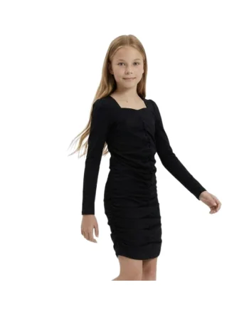 Rochie pentru fetite  Madison mulata cu maneci lungi si fronseu frontal, Negru