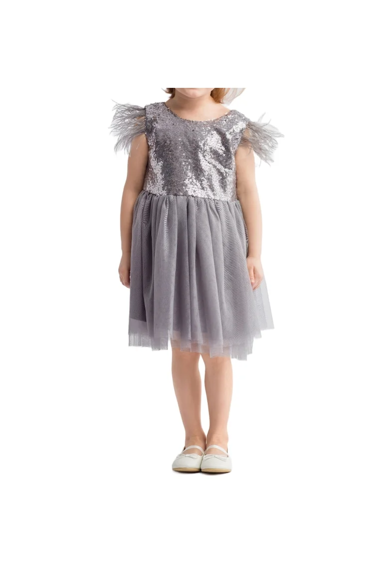 Rochie elegantă fetițe Chloe, gri cu paiete și pene, pentru ocazii speciale, Gri