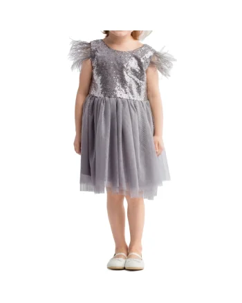 Rochie elegantă fetițe Chloe, gri cu paiete și pene, pentru ocazii speciale, Gri
