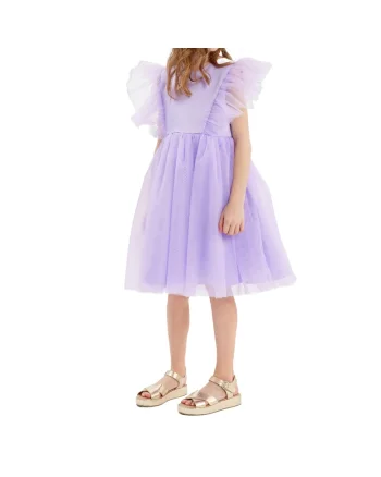 Rochiță Fetițe Marcella Mov pentru Ocazii Speciale - Elegantă, cu Mâneci din Tulle și Nasturi Perlați, Violet