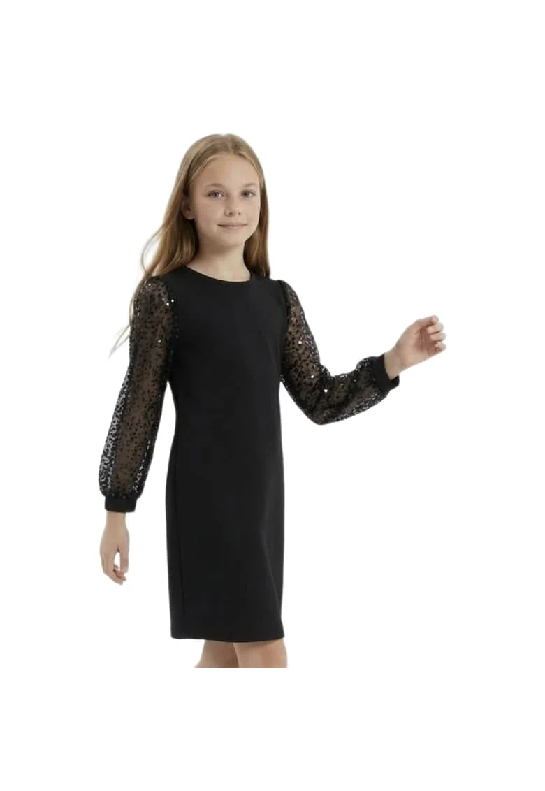 Rochie eleganta fetite  Vivienne, neagra, maneci cu paiete, fermoar la spate, Negru