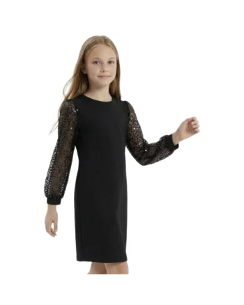 Rochie eleganta fetite  Vivienne, neagra, maneci cu paiete, fermoar la spate, Negru