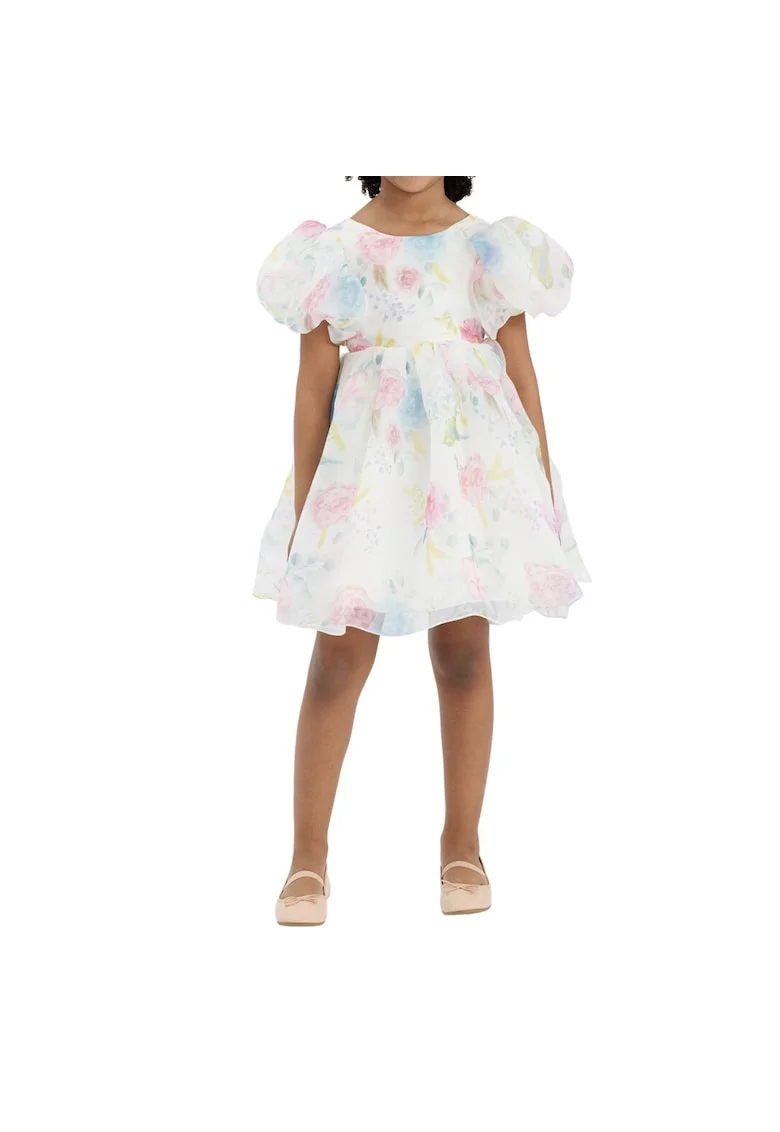 Rochie elegantă pentru fetițe Sara flowers – model floral multicolor cu mâneci bufante, Multicolor