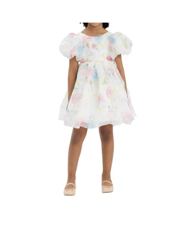 Rochie elegantă pentru fetițe Sara flowers – model floral multicolor cu mâneci bufante, Multicolor