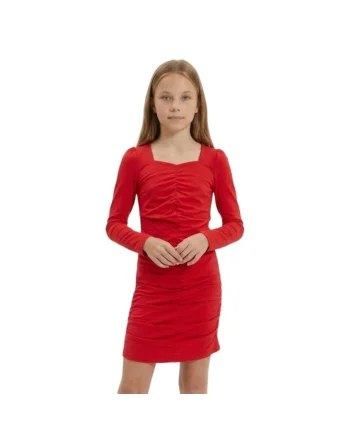 Rochie pentru fete  Madison, mulata, maneca lunga, cu fronseu frontal, rosie, Rosu