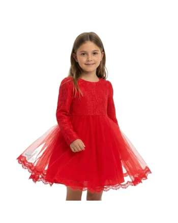 Rochie fetite  Kayra din dantela si tulle, cu funda mare la spate, Rosu, Rosu