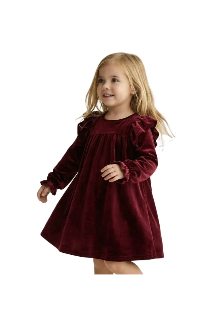Rochie fetite  Idalia catifea bordo cu volane si maneca lunga, Bordeaux