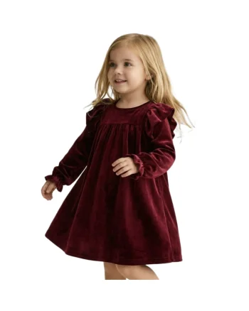 Rochie fetite  Idalia catifea bordo cu volane si maneca lunga, Bordeaux