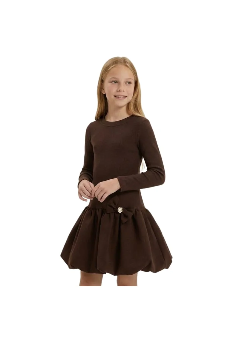 Rochie pentru fetite MaLuna Aria, mini, maneca lunga, textura reiata, fusta tip balon, maro ciocolatiu, Maro